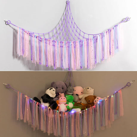 Corner plush toy storage hammock with purple ribbon accent