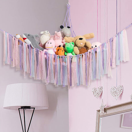 Corner plush toy storage hammock with purple ribbon accent