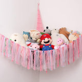 Corner plush toy storage hammock with pink ribbon accent