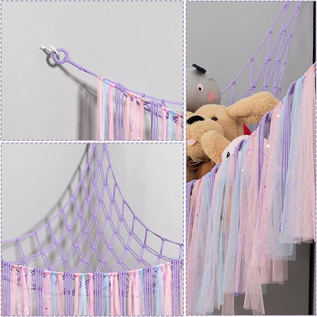 Corner plush toy storage hammock with pink ribbon accent
