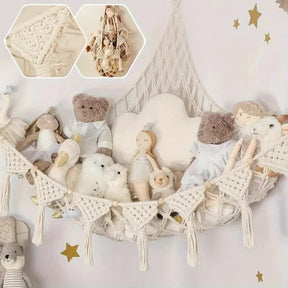Ilfracombe white corner toy storage hammock with wooden bead accents