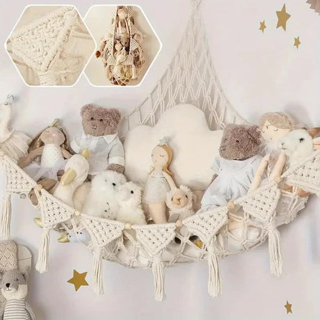 Woven corner plush toy storage hammock with beads in white