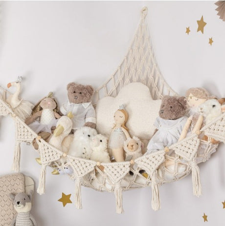 Woven corner plush toy storage hammock with beads in white
