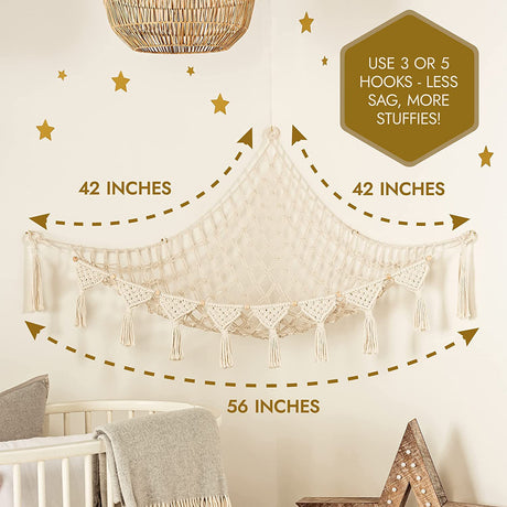 Woven corner plush toy storage hammock with beads in white