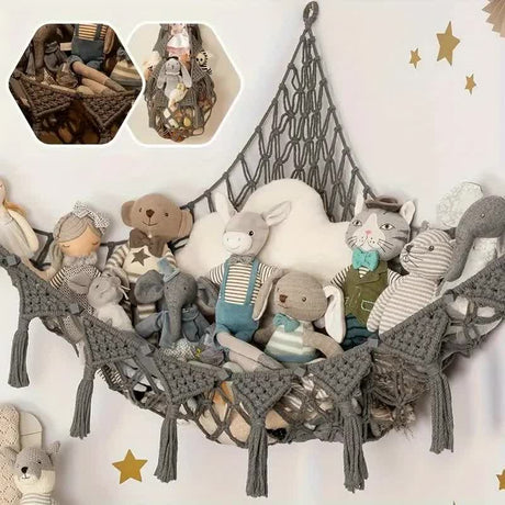 Woven corner plush toy storage hammock with beads in grey