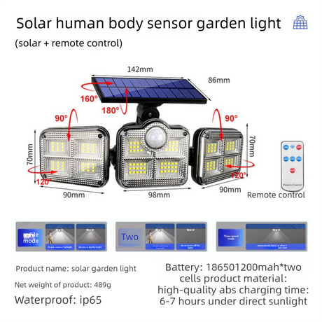 122 LED solar security light with motion sensor remote and 3 adjustable heads IP65