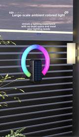 Circular solar outdoor wall light with RGB and white LED and USB charging