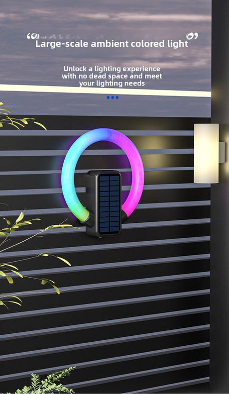 Circular solar outdoor wall light with RGB and white LED and USB charging