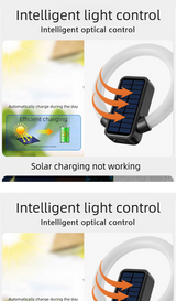 Circular solar outdoor wall light with RGB and white LED and USB charging
