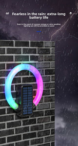 Circular solar outdoor wall light with RGB and white LED and USB charging