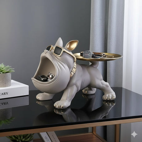 French Bulldog Storage Tray Figurine with Open-Mouth Key Bowl, Grey