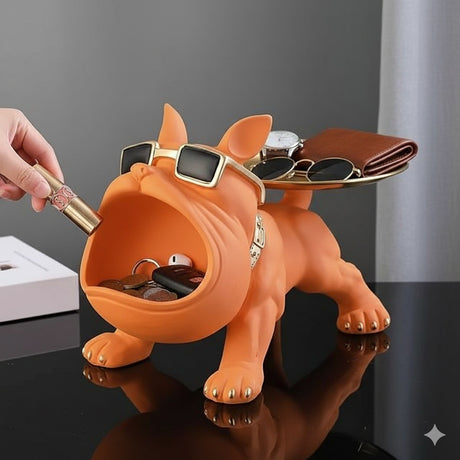 French Bulldog Storage Tray Figurine with Open-Mouth Key Bowl, Dark Green