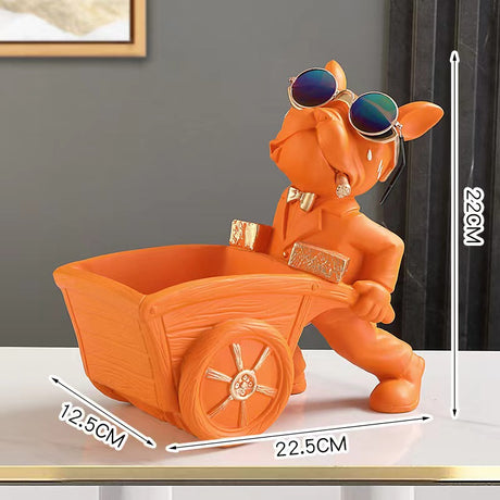 French Bulldog Wheelbarrow Storage Figurine and Key Bowl, Orange