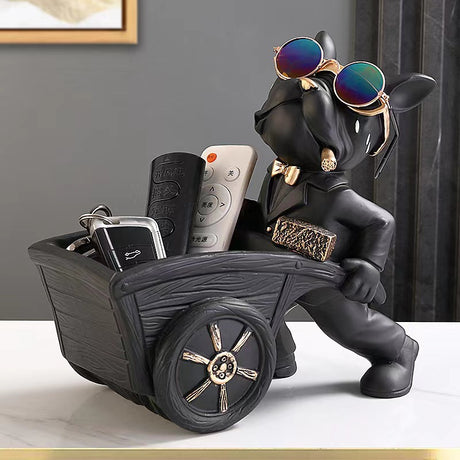 French Bulldog Wheelbarrow Storage Figurine and Key Bowl, Black