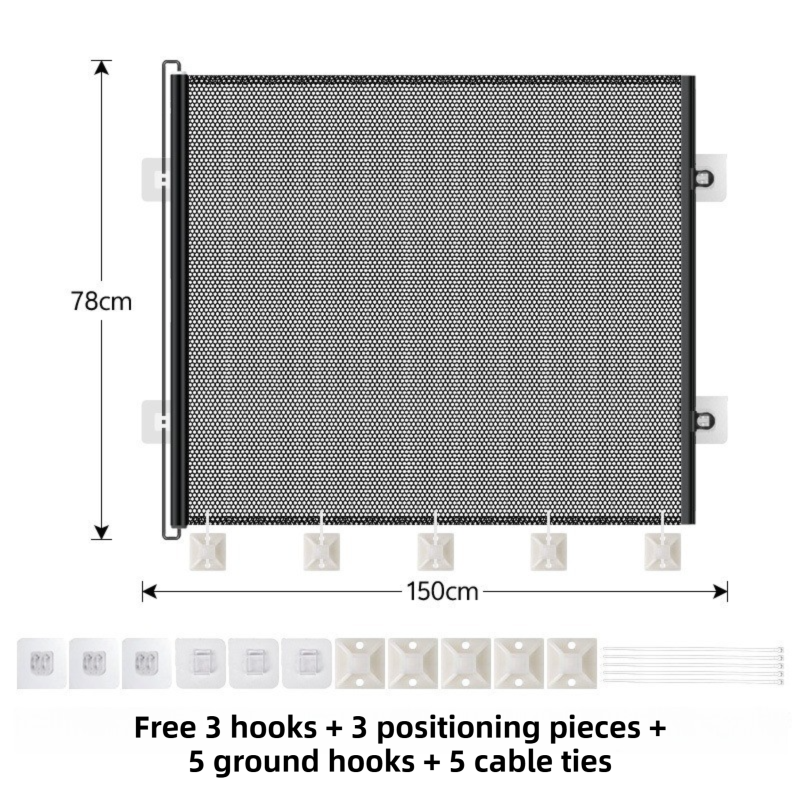 Retractable Mesh Safety Gate, No Drill 150cm Wide 78cm Tall Black