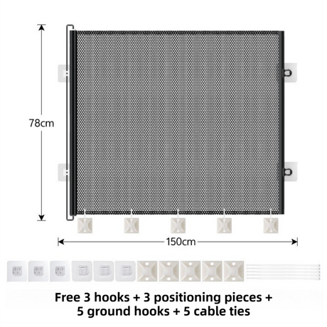 Retractable Mesh Safety Gate, No Drill 150cm Wide 78cm Tall Black