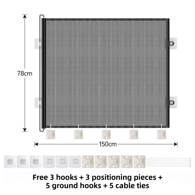 Retractable Mesh Safety Gate, No Drill 150cm Wide 78cm Tall Black