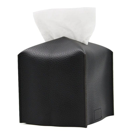 Black PU leather foldable tissue box cover holding a paper roll