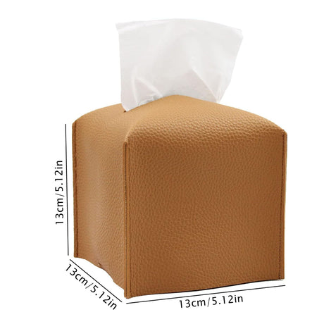 Brown PU leather foldable tissue box cover holding a paper roll