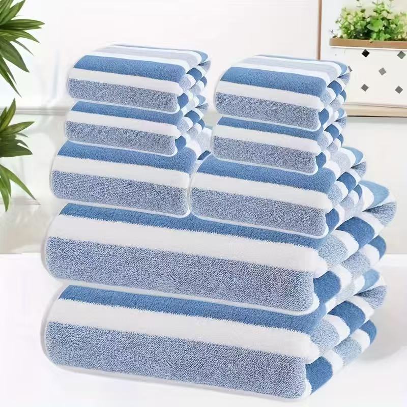Eight piece blue coral fleece towel set with bath sheets, towels and face cloths in a wide stripe texture