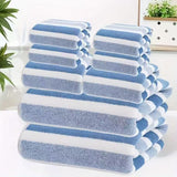 Eight piece blue coral fleece towel set with bath sheets, towels and face cloths in a wide stripe texture