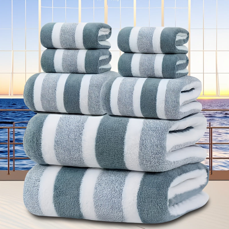 Eight piece green coral fleece towel set with bath sheets, towels and face cloths in a wide stripe texture