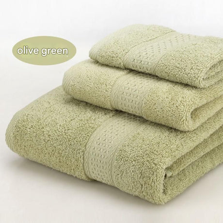 Olive green 3 piece cotton jacquard towel set with bath towel, hand towel and face washer