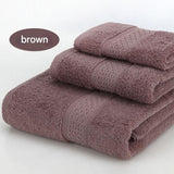 Brown 3 piece cotton jacquard towel set with bath towel, hand towel and face washer