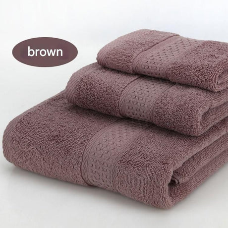 Brown 3 piece cotton jacquard towel set with bath towel, hand towel and face washer