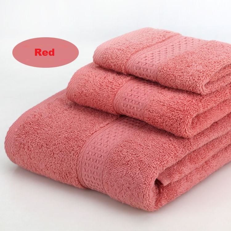 Red 3 piece cotton jacquard towel set with bath towel, hand towel and face washer