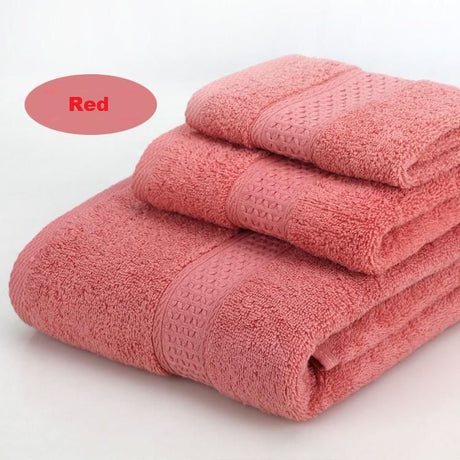 Red 3 piece cotton jacquard towel set with bath towel, hand towel and face washer