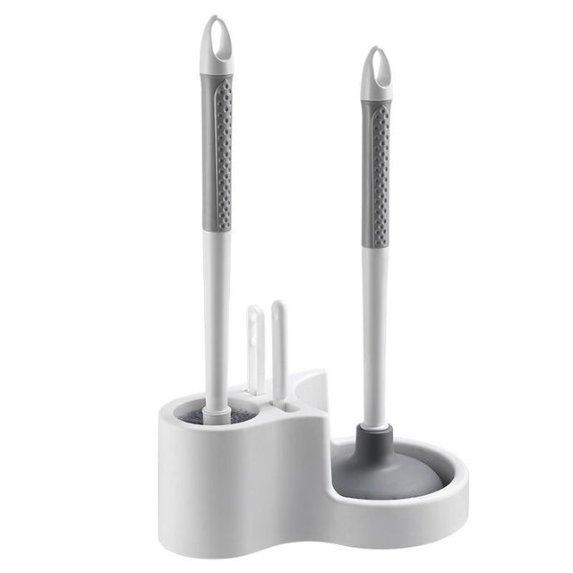 4 in 1 toilet cleaning set with brush, plunger, drain unclogger and gap brush in one holder
