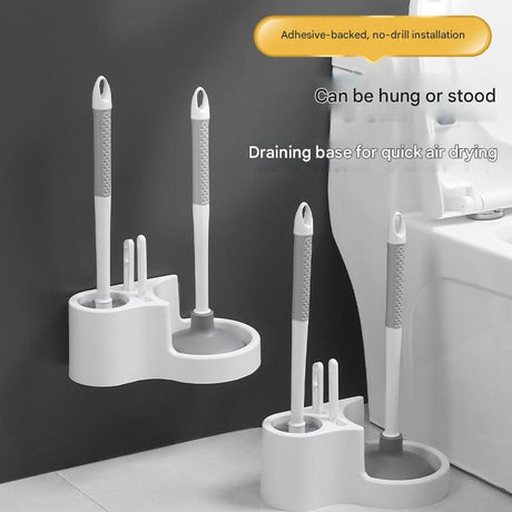 Toilet brush and plunger stored together in the shared holder with drip tray