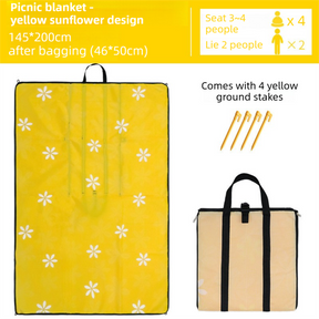 Threlkeld yellow sunflower picnic mat 145 x 200cm that folds into a shoulder carry bag, with ground stakes and water resistant PVC backing