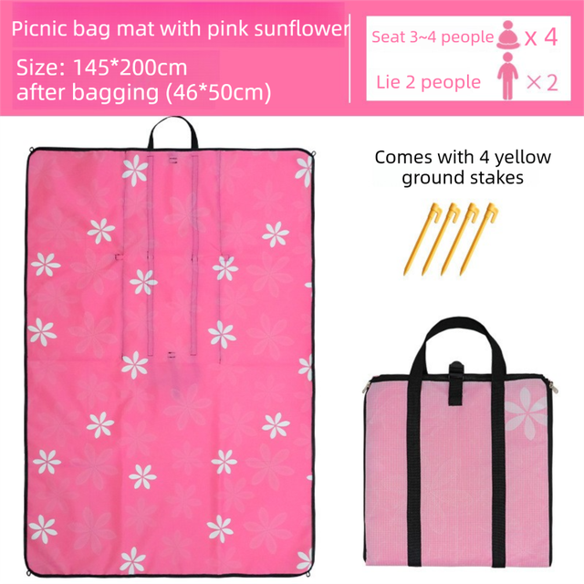 Threlkeld pink sunflower picnic mat 145 x 200cm that folds into a shoulder carry bag, with ground stakes and water resistant PVC backing