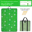 Threlkeld green sunflower picnic mat 145 x 200cm that folds into a shoulder carry bag, with ground stakes and water resistant PVC backing