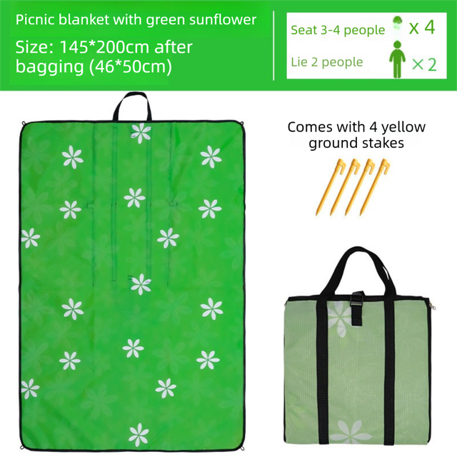 Threlkeld green sunflower picnic mat 145 x 200cm that folds into a shoulder carry bag, with ground stakes and water resistant PVC backing