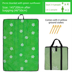 Threlkeld green sunflower picnic mat 145 x 200cm that folds into a shoulder carry bag, with ground stakes and water resistant PVC backing