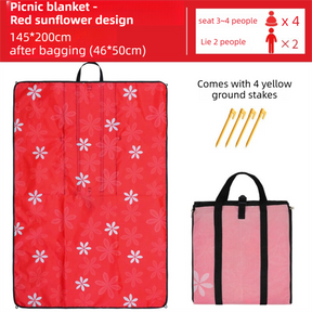 Threlkeld red sunflower picnic mat 145 x 200cm that folds into a shoulder carry bag, with ground stakes and water resistant PVC backing