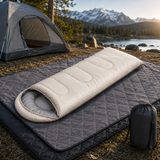Valdivia beige envelope sleeping bag with black waterproof fleece camping blanket
