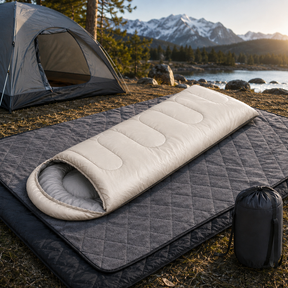 Valdivia beige envelope sleeping bag with black waterproof fleece camping blanket