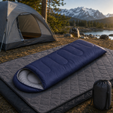 Chiloe navy blue envelope sleeping bag with black waterproof fleece camping blanket