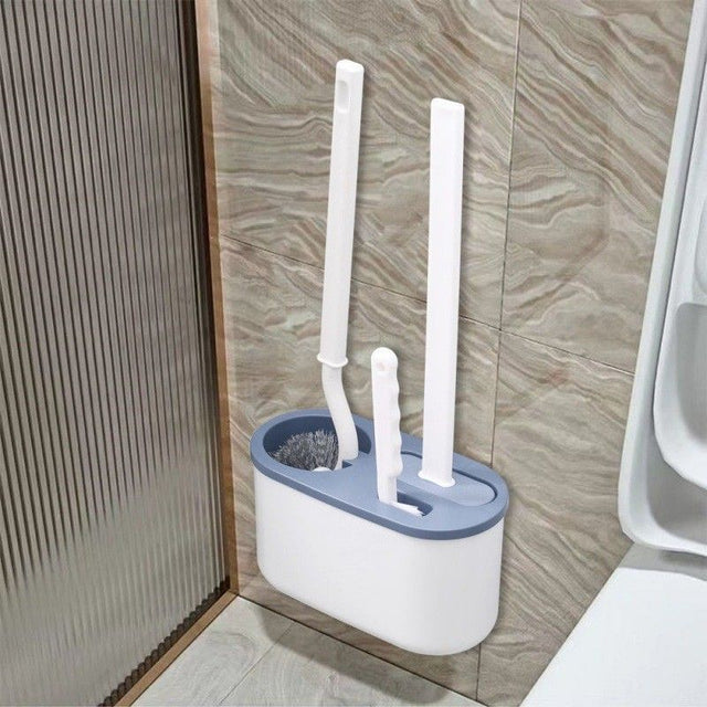 Blue 3 in 1 toilet brush set with wall mounted holder, globe brush, rim brush and detail brush