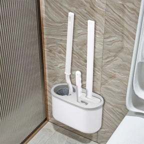 White 3 in 1 toilet brush set with wall mounted holder, globe brush, rim brush and detail brush