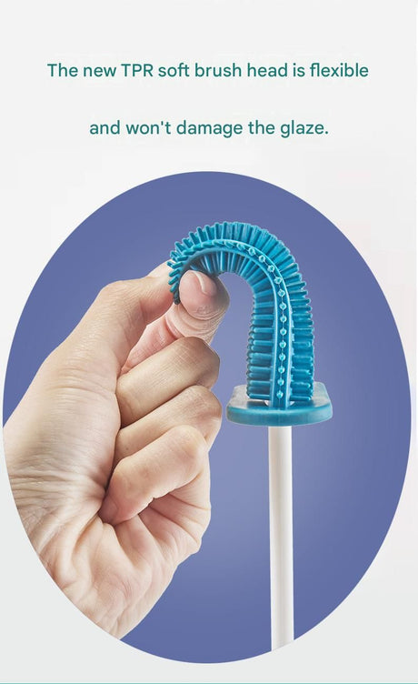 Small white crevice brush for cleaning hinges and the base of the toilet