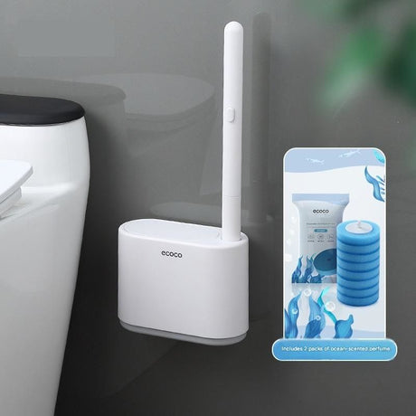 White and grey disposable toilet brush set with wall mounted holder and refill heads