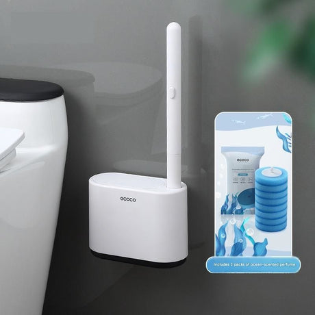 White and black disposable toilet brush set with wall mounted holder and refill heads