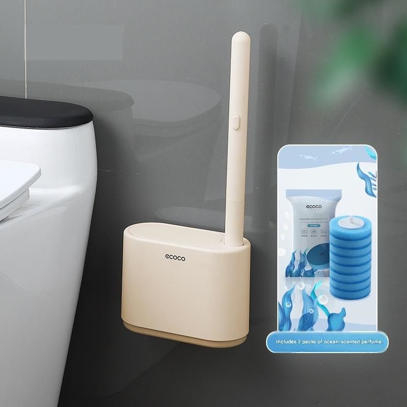 Beige disposable toilet brush set with wall mounted holder and refill heads