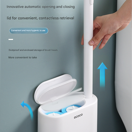 Button on the handle releasing a used disposable head into a bin, no touch
