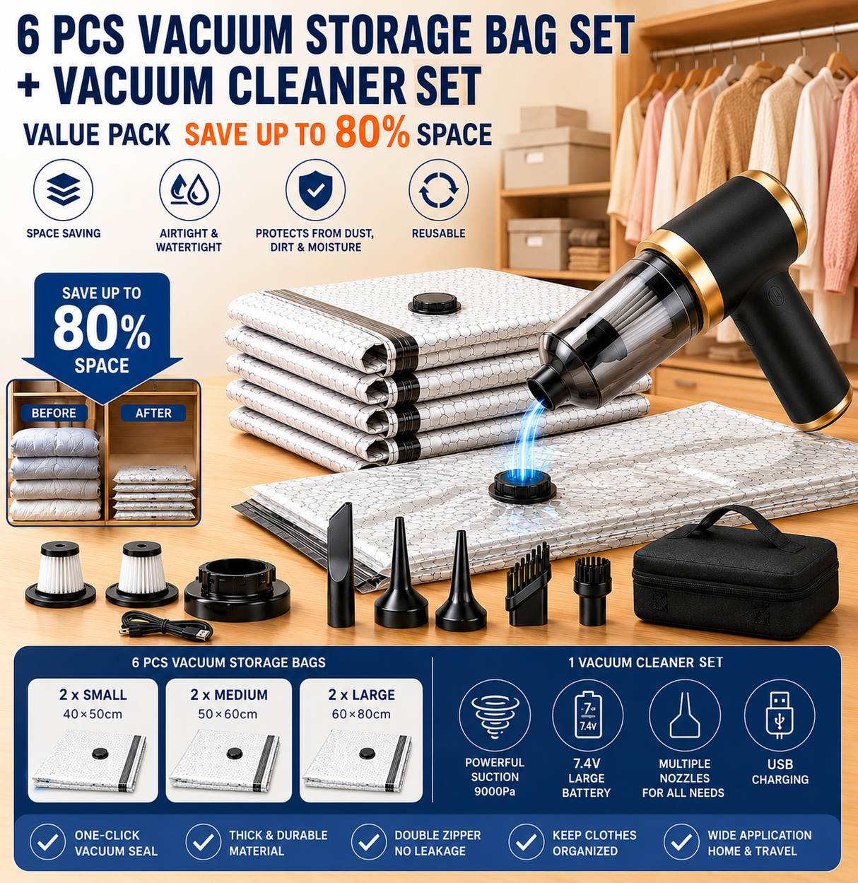 Cordless handheld vacuum with reusable compression storage bags